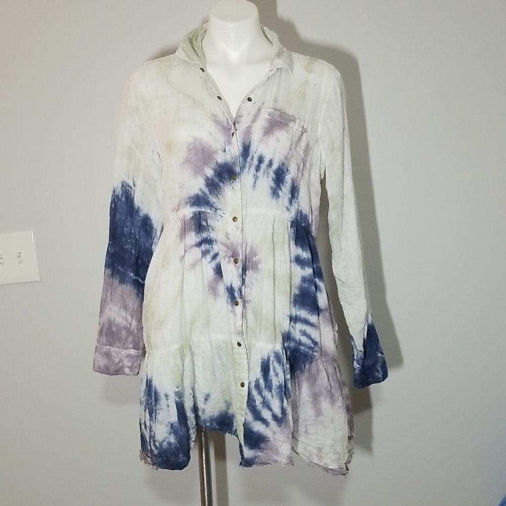 True Craft Blue & White Tie Dye Cotton Shirt Dress - Size Large (Juniors)
